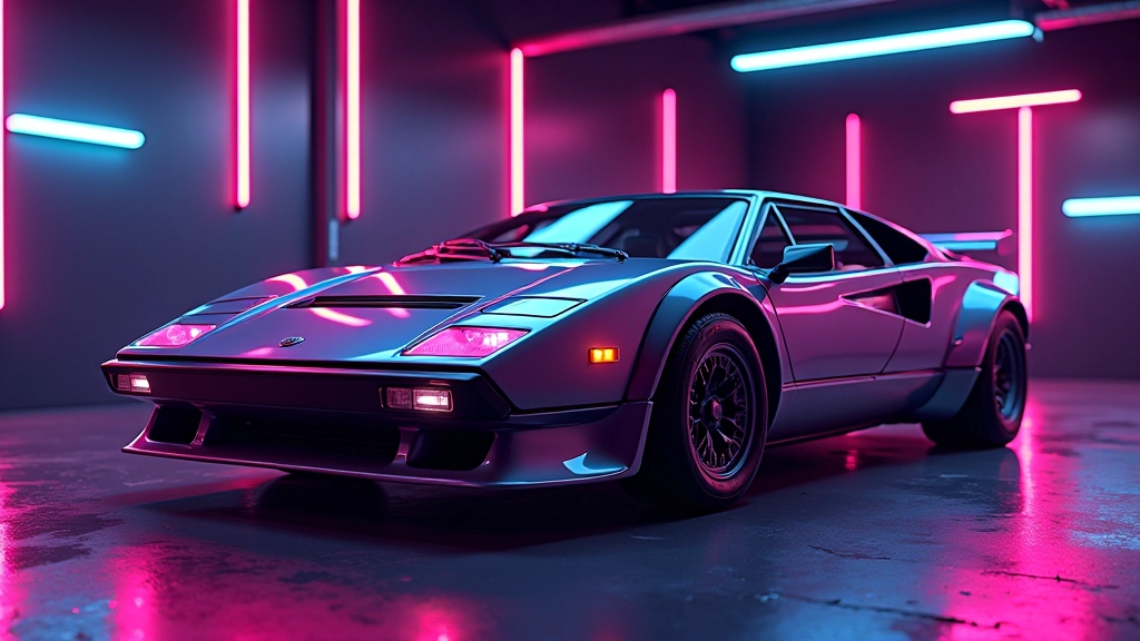 1980-ųjų automobilis su neoninio stiliaus dekoracijomis ir futurističkomis formomis, techninis pažanga