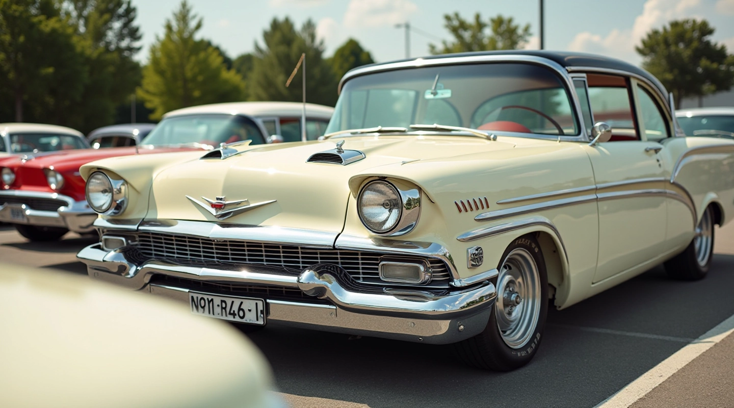 Klasikiniai automobiliai su chromuotais detalėmis iš 1950-ųjų