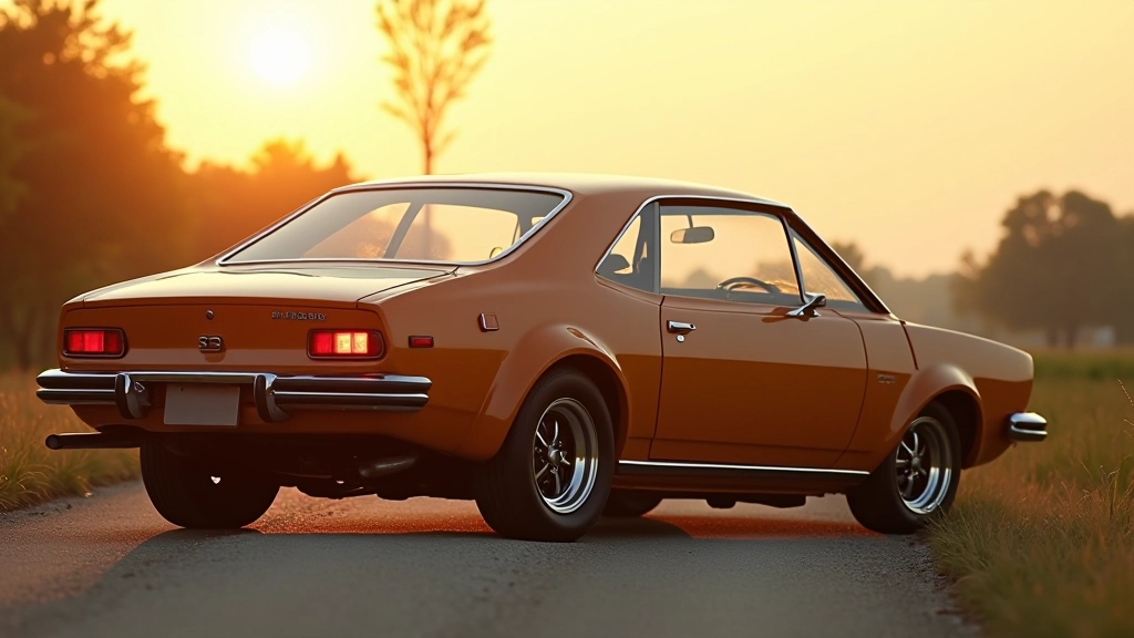 1970-ųjų automobilis su išraiškingiomis linijomis ir plačiais ratais, retro stiliaus dizainas
